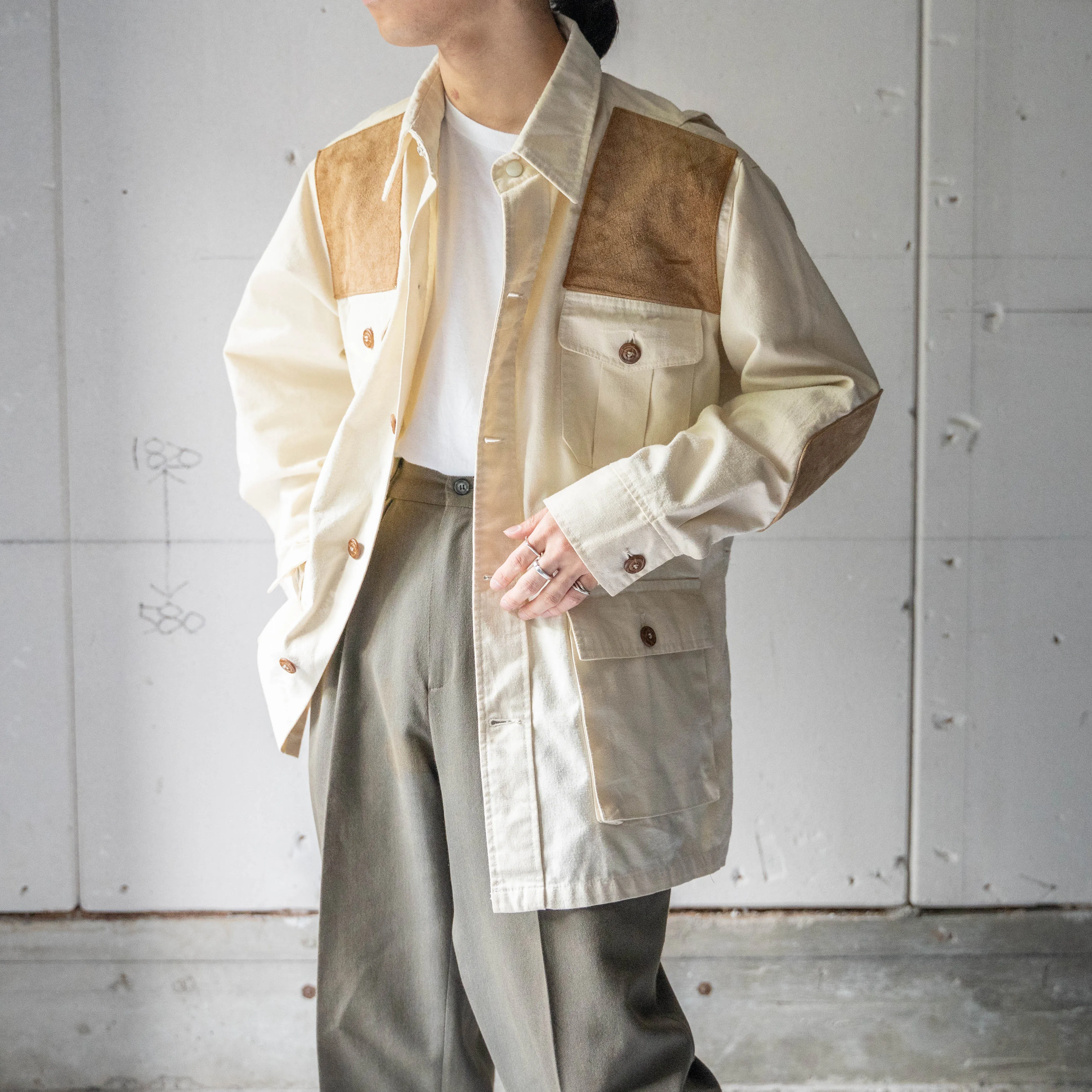 1980-90s ecru × suede 4 pockets belted jacket