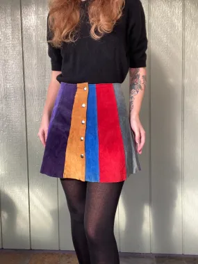 60s 70s colorblock panel suede mini skirt 29” waist