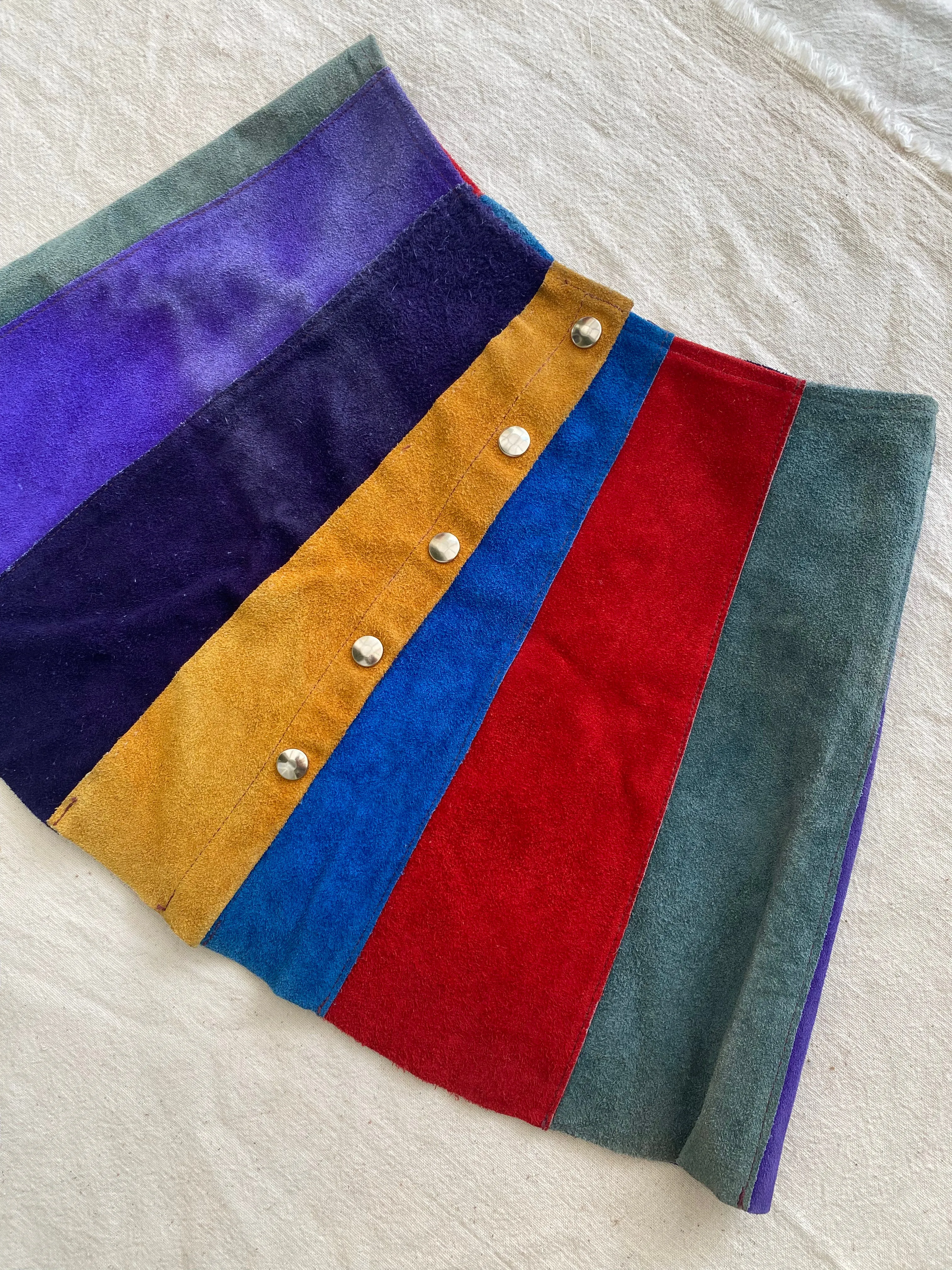 60s 70s colorblock panel suede mini skirt 29” waist