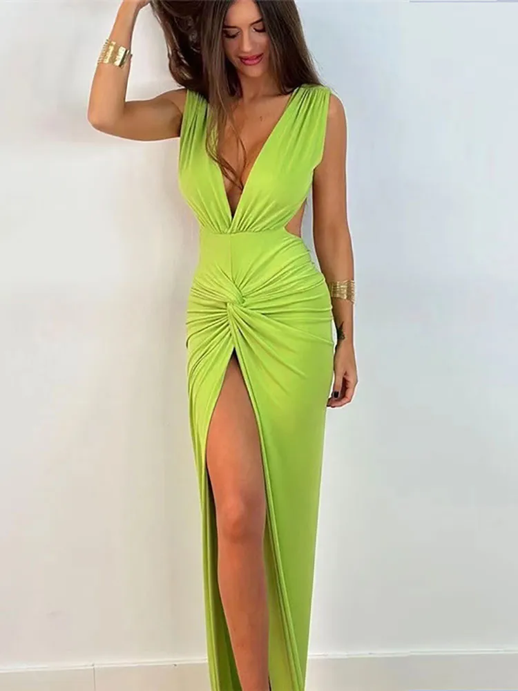 A&A Summer Ruched Backless V Slit Women Bodycon Maxi Dress