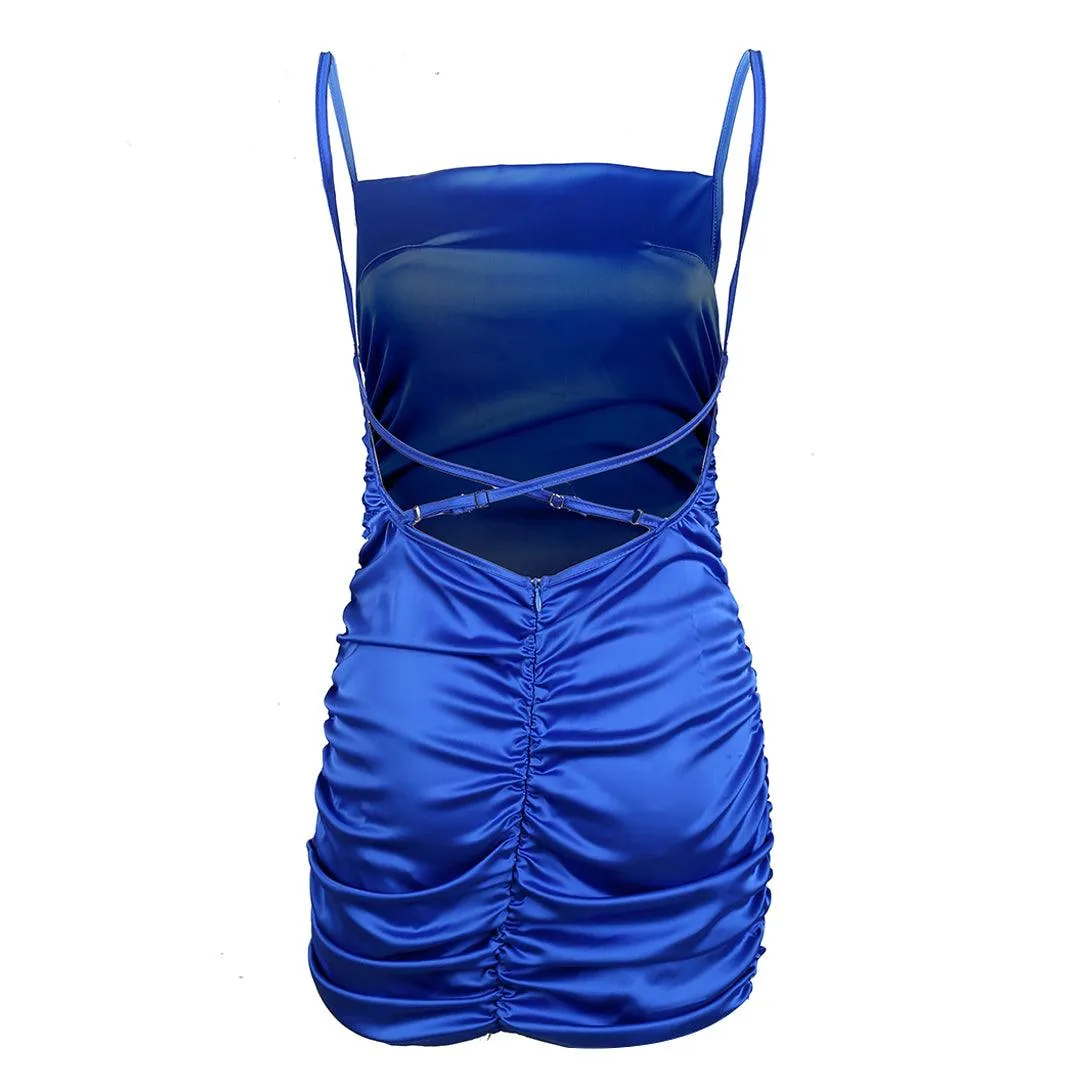 Adjustable Crisscross Ruched Strappy Bodycon- Blue