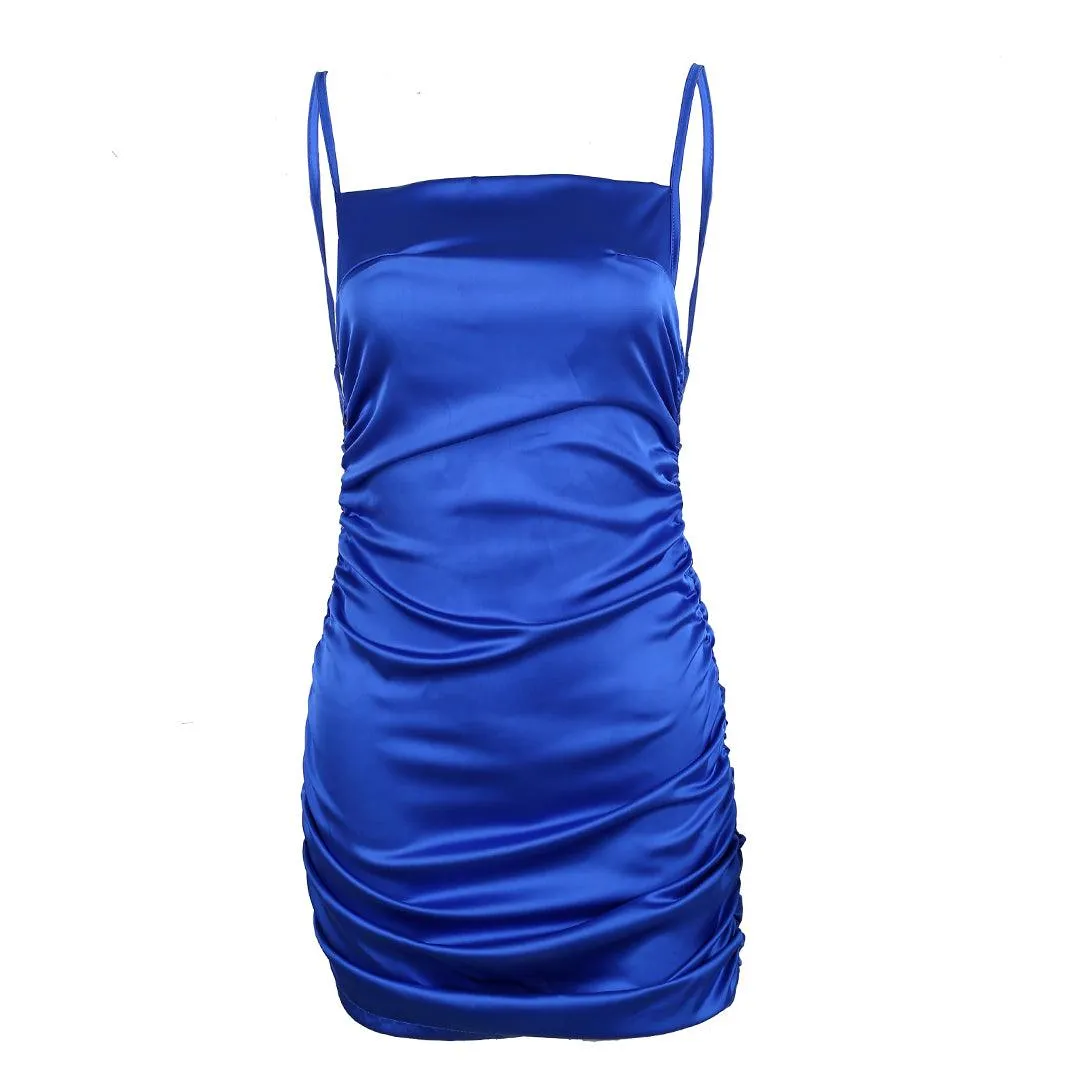 Adjustable Crisscross Ruched Strappy Bodycon- Blue