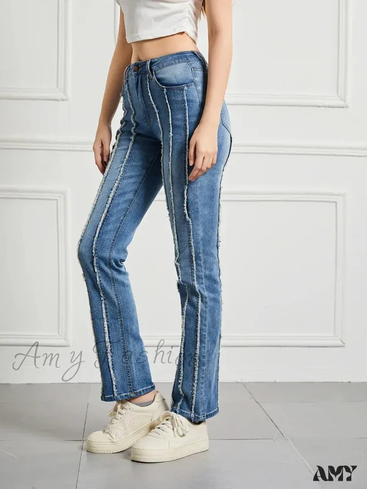 Amy Fashion - Stretch Flare Fashion Slim Splice Bottom Streetwear Denim Jean