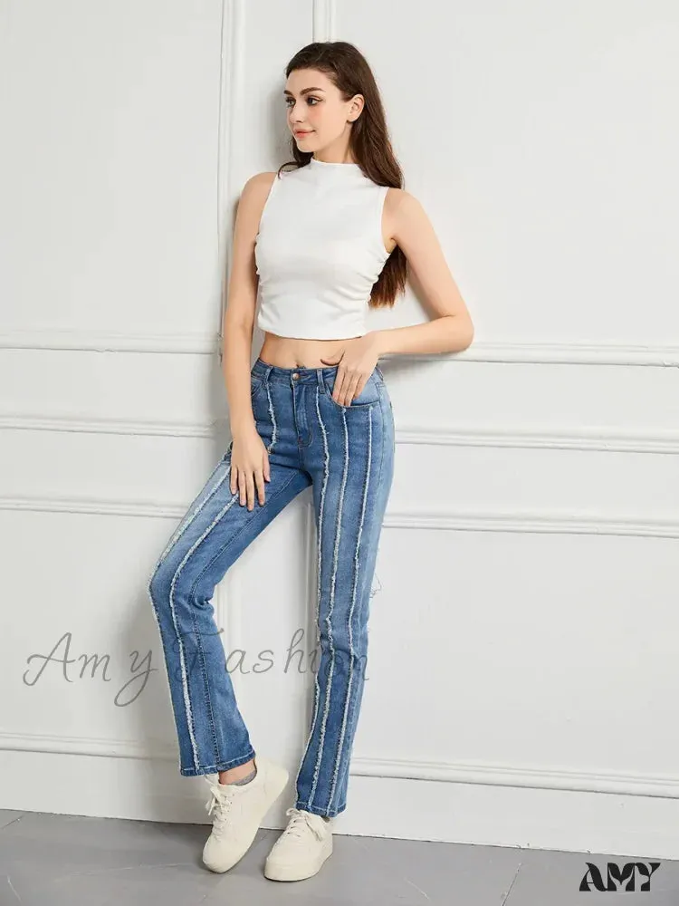 Amy Fashion - Stretch Flare Fashion Slim Splice Bottom Streetwear Denim Jean