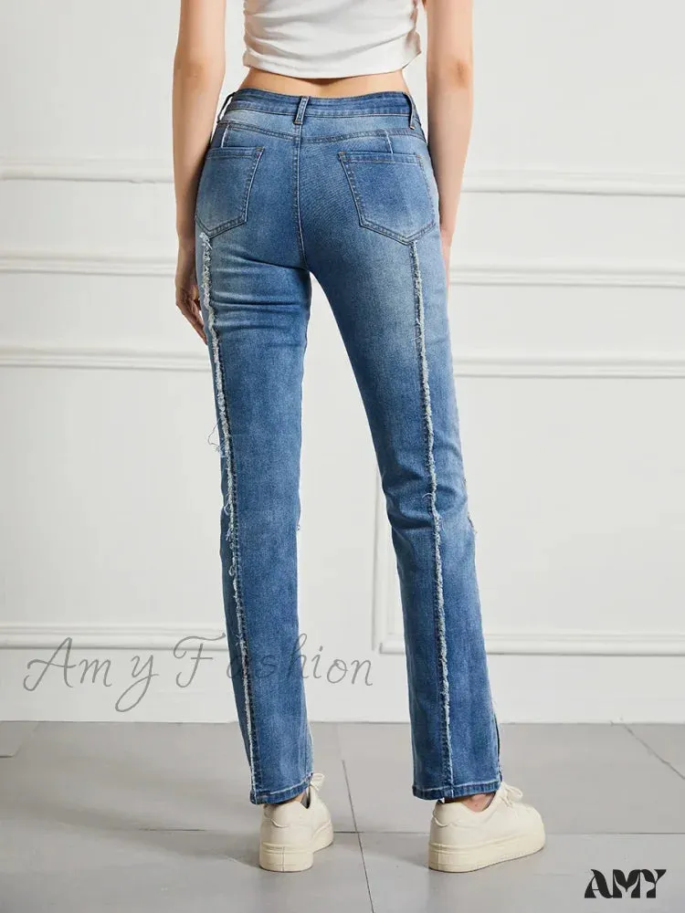 Amy Fashion - Stretch Flare Fashion Slim Splice Bottom Streetwear Denim Jean