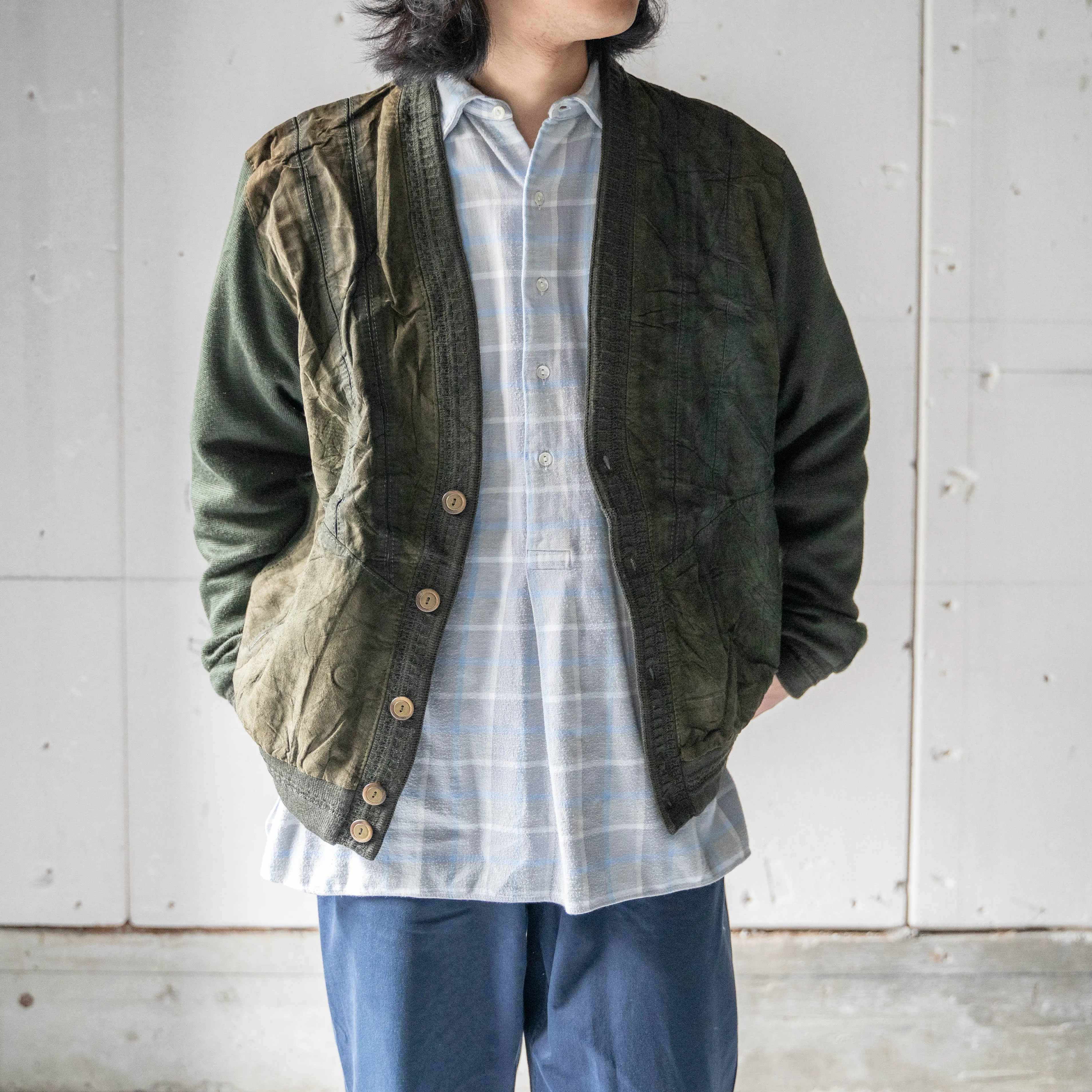 around 1980s Spain moss green color suede × knit switching cardigan