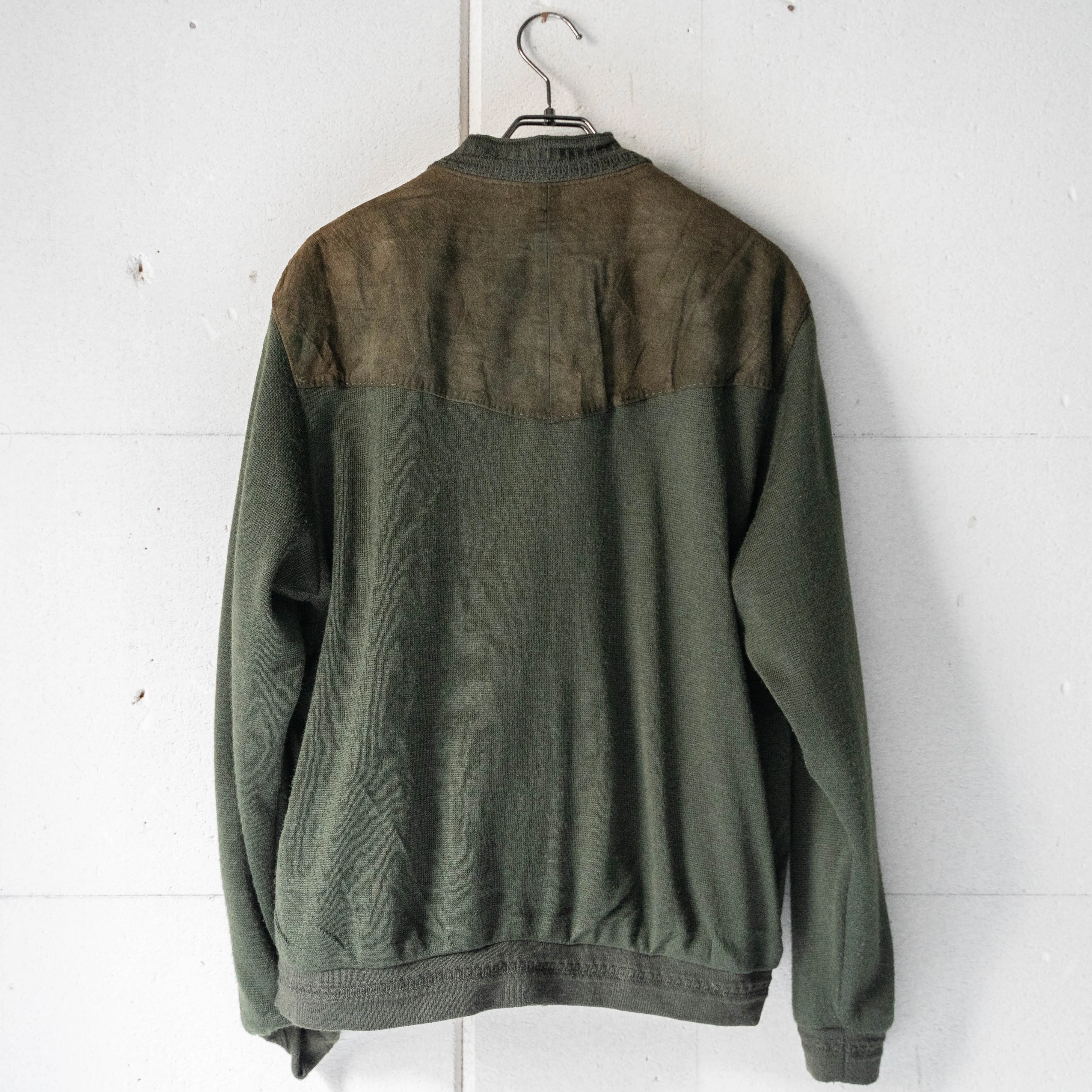 around 1980s Spain moss green color suede × knit switching cardigan