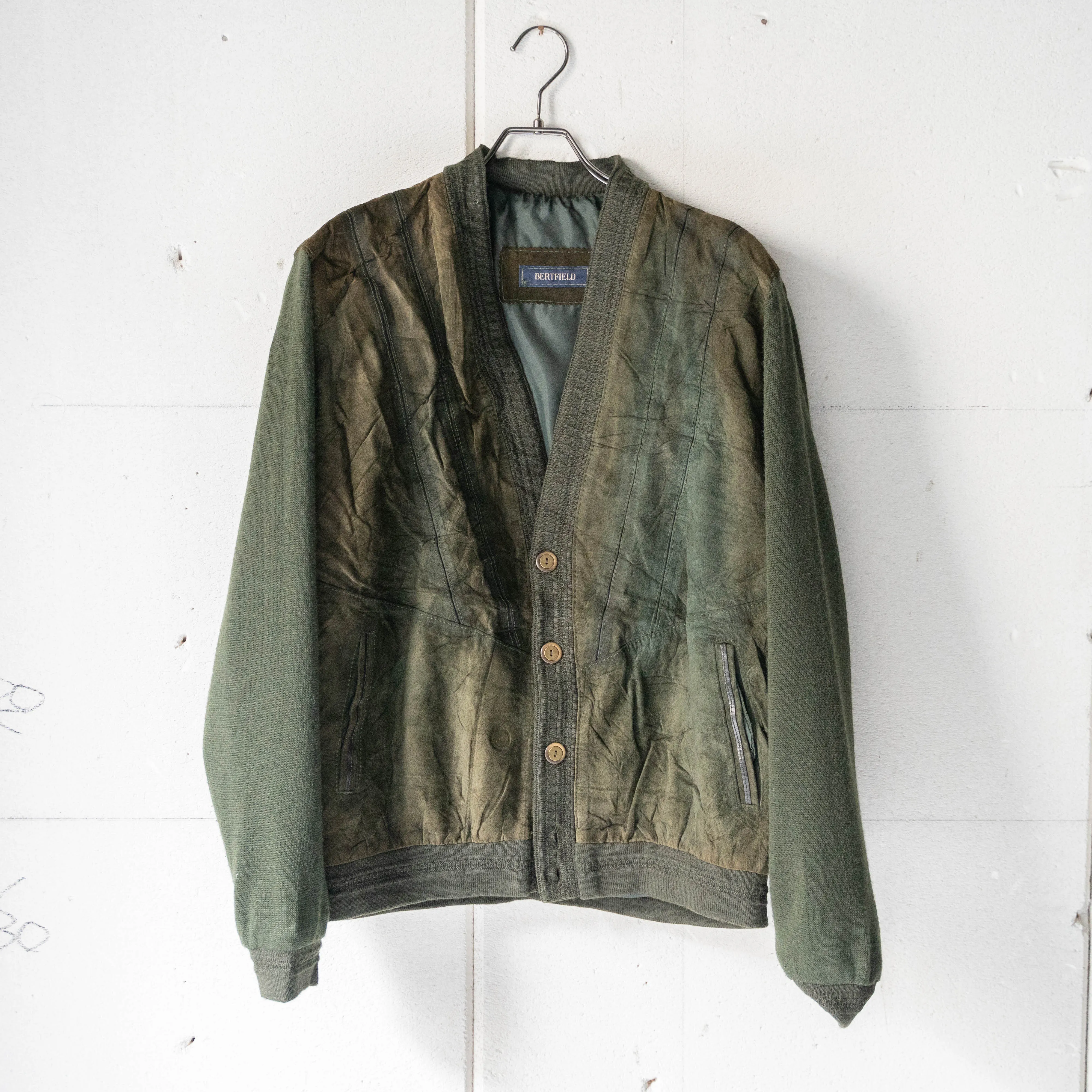 around 1980s Spain moss green color suede × knit switching cardigan