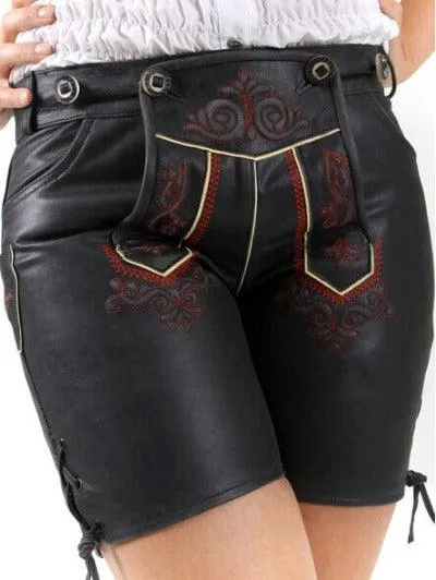 Bavarian Black Lederhosen Ladies Eva with Red Embroidery