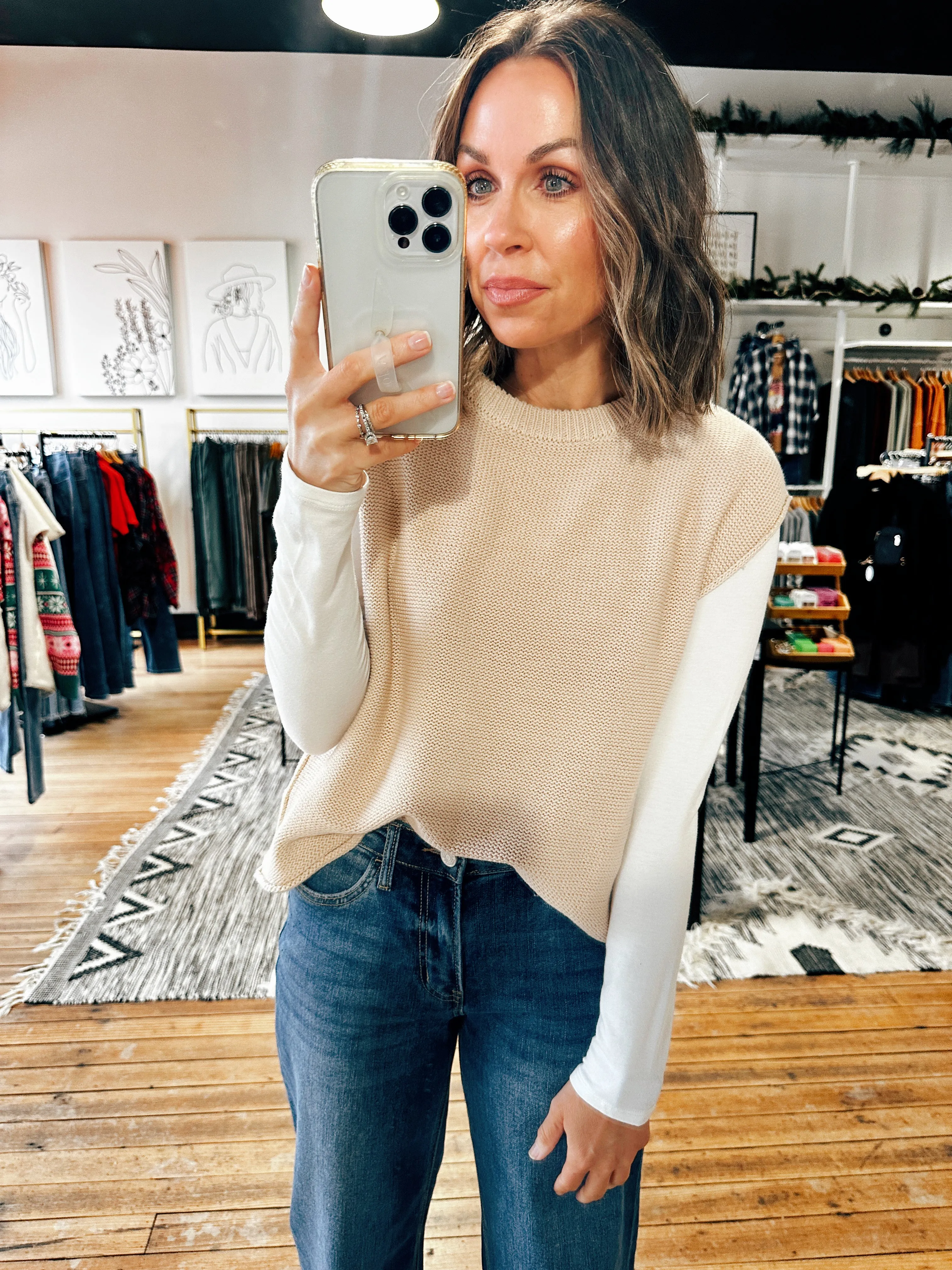 Beige Exposed Seam Sleeveless Sweater