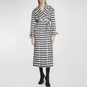 Black And White Diamond Grid Belt Long Trench Coat