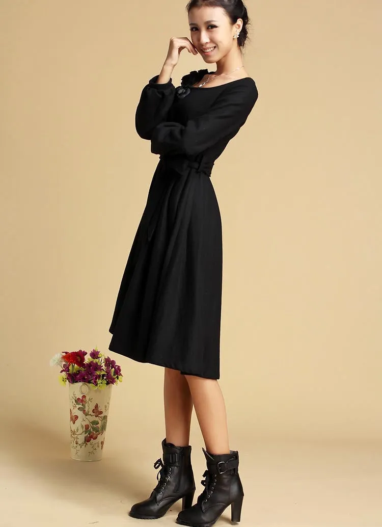 Black dress winter wool dress midi dress 321#