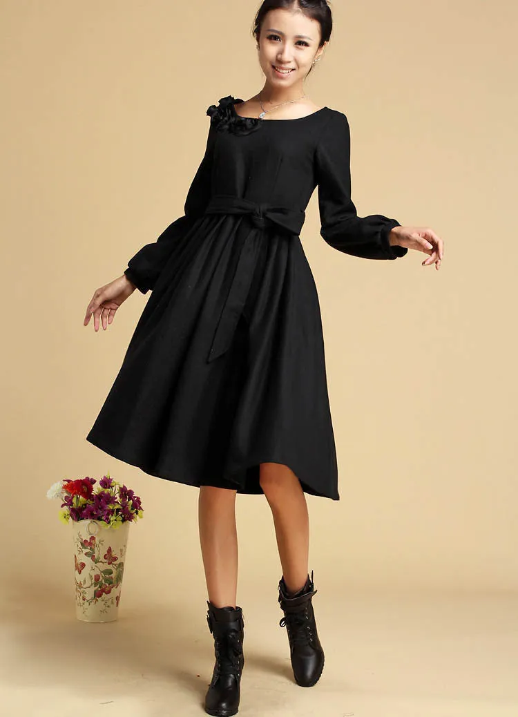 Black dress winter wool dress midi dress 321#