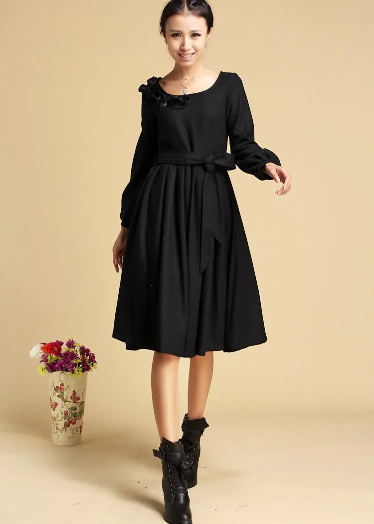 Black dress winter wool dress midi dress 321#