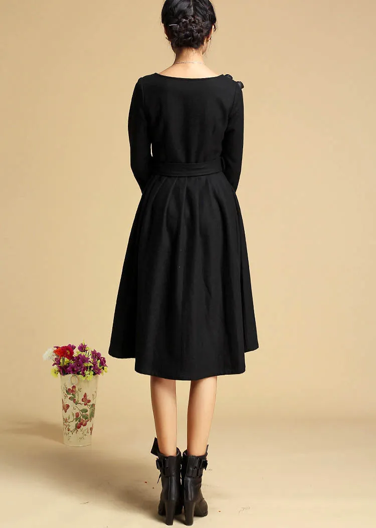 Black dress winter wool dress midi dress 321#