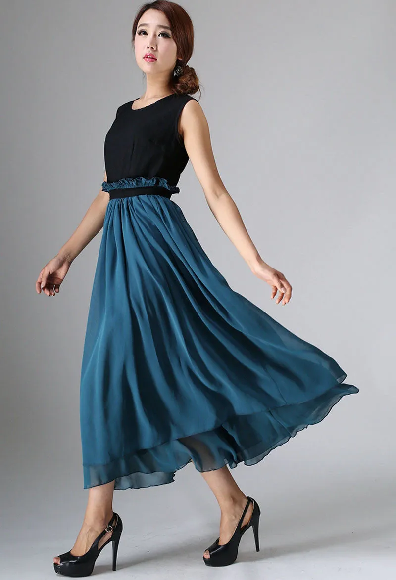 Black linen dark green chiffon maxi dress 965#