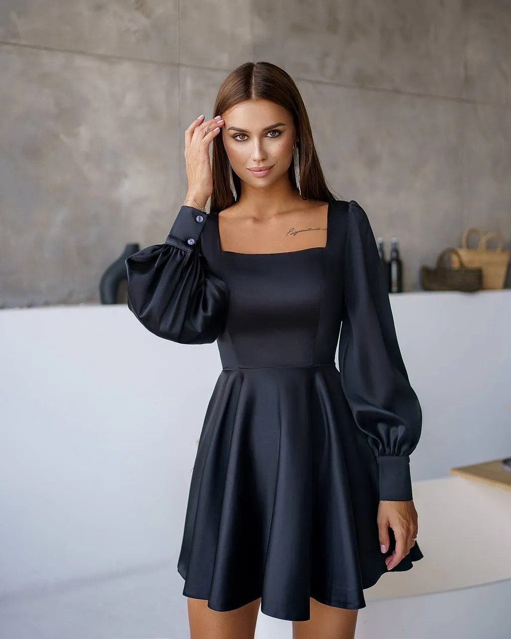 Black mini dress "Baby doll long sleeve"