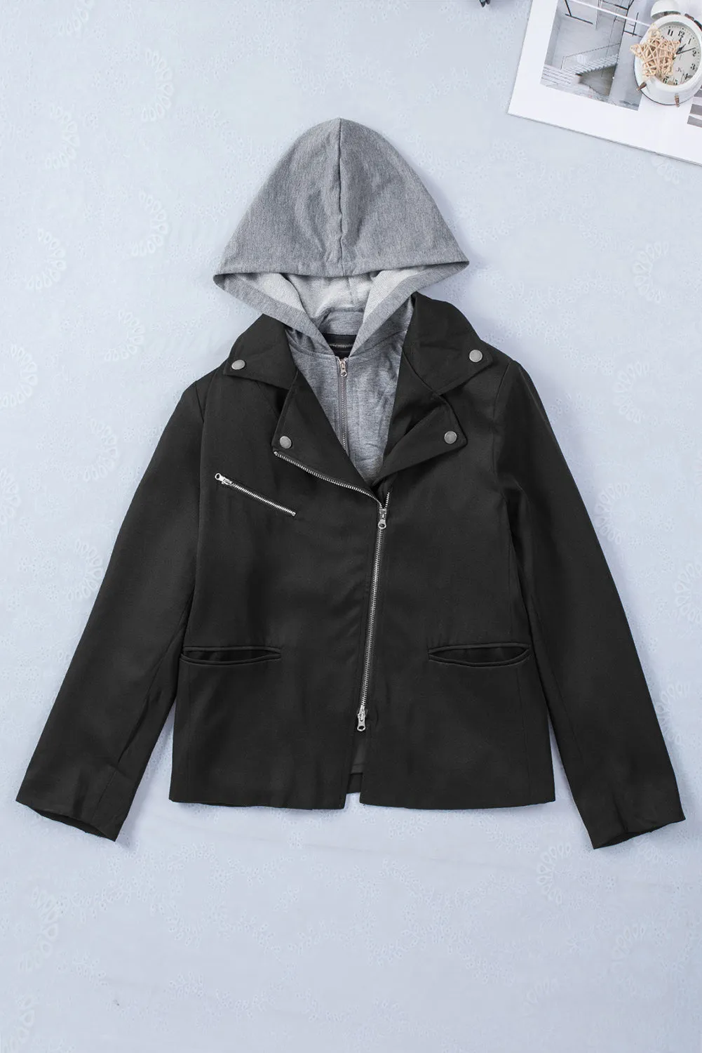 Black Notch Collar Detachable Hood Zipped Jacket