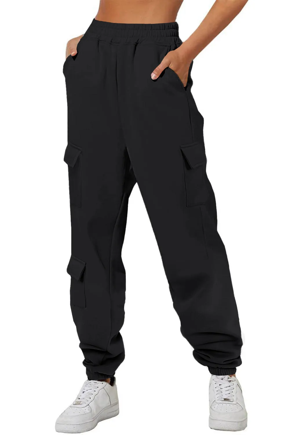 Black Solid Multi Pockets Elastic High Waist Active Pants