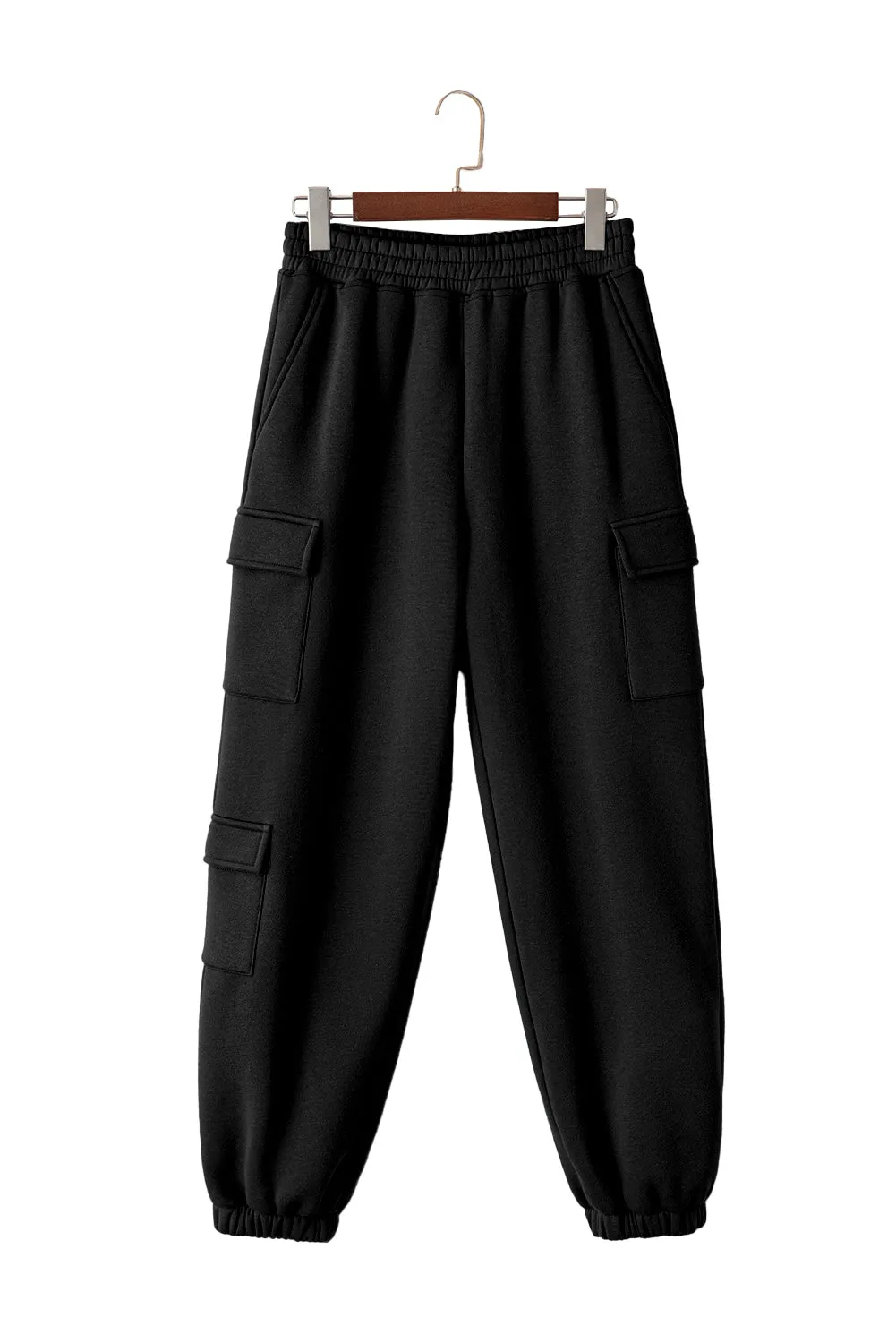 Black Solid Multi Pockets Elastic High Waist Active Pants