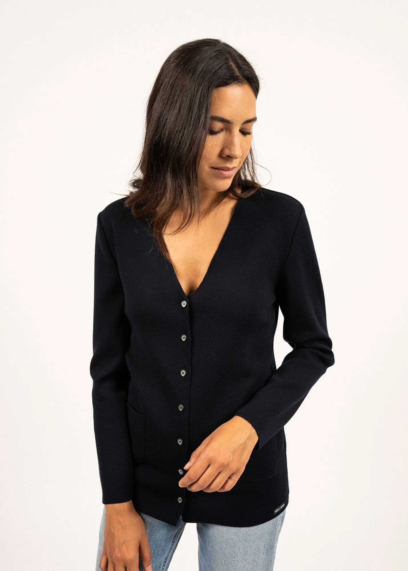 Blainville V neck cardigan - buttoned, in soft wool (NAVY)