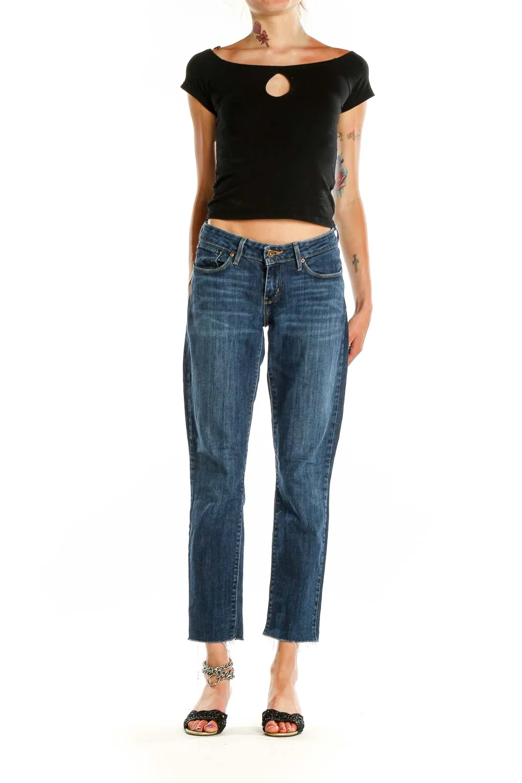 Blue Cropped Straight-Leg Jeans