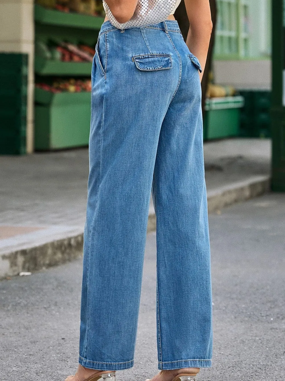 Blue Relaxed Fit High Waist Denim Pants