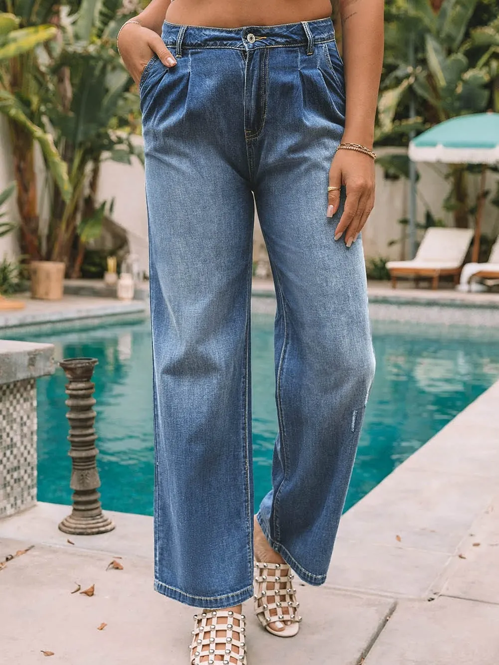 Blue Relaxed Fit High Waist Denim Pants