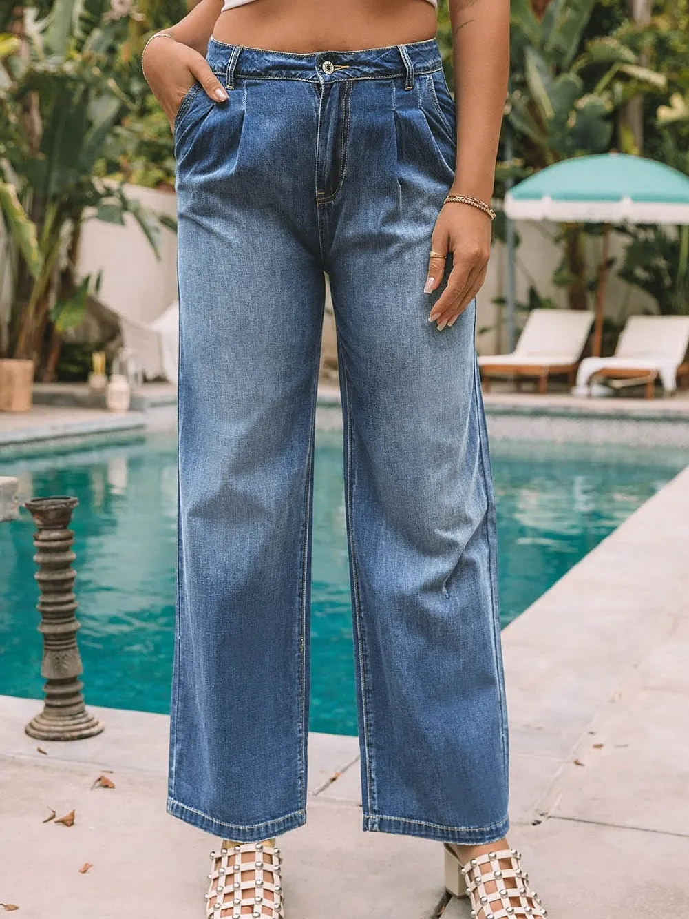 Blue Relaxed Fit High Waist Denim Pants