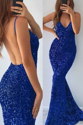 Blue Sparkly Sequin V Neck Mermaid Backless Side Slit Long Prom Dress With Train,Party Dress,Evening Dress    fg1395