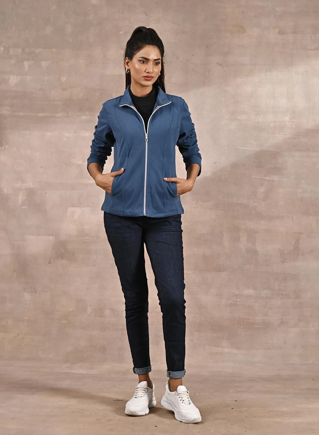 Blue Spread-neck Fleece Jacket with Zip-Closure