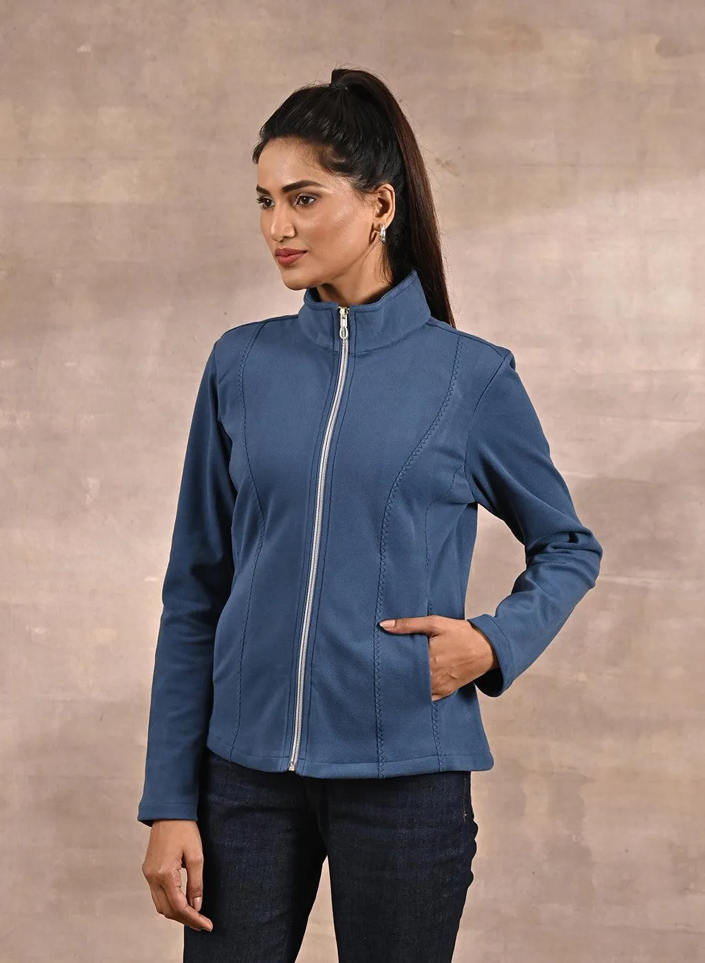 Blue Spread-neck Fleece Jacket with Zip-Closure