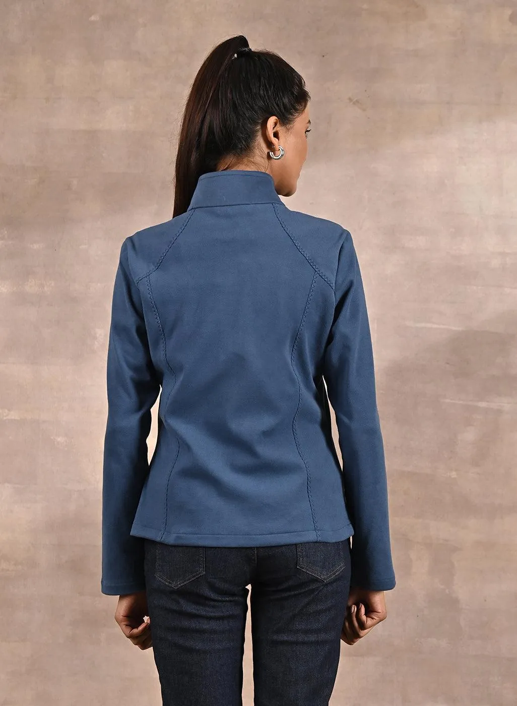 Blue Spread-neck Fleece Jacket with Zip-Closure