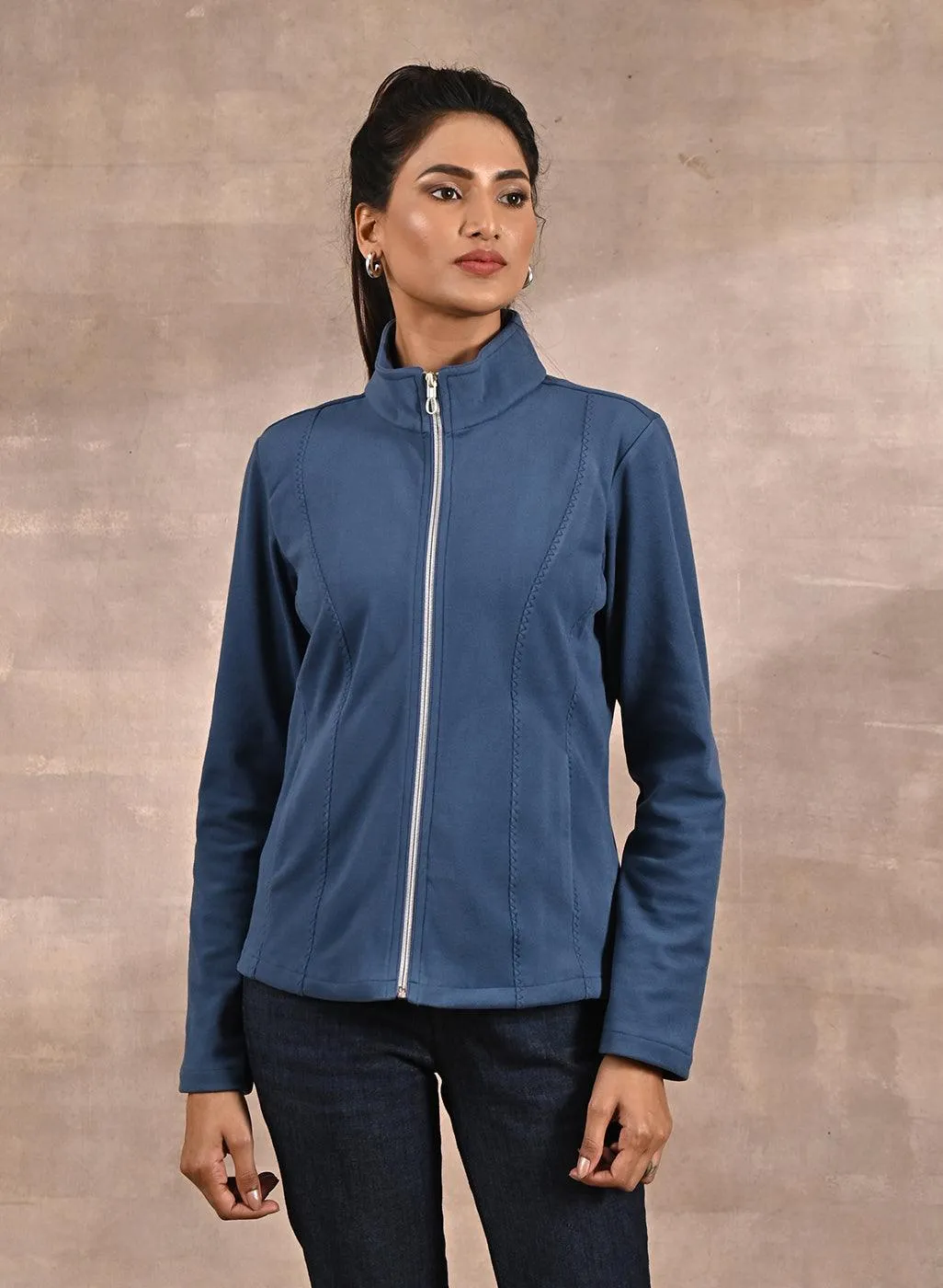 Blue Spread-neck Fleece Jacket with Zip-Closure