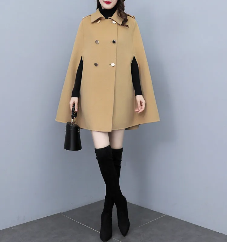 Cape coat Women, wool poncho jacket, wool cloak coat, wool shawl winter coat, double breasted buttoned coat(Y1105)