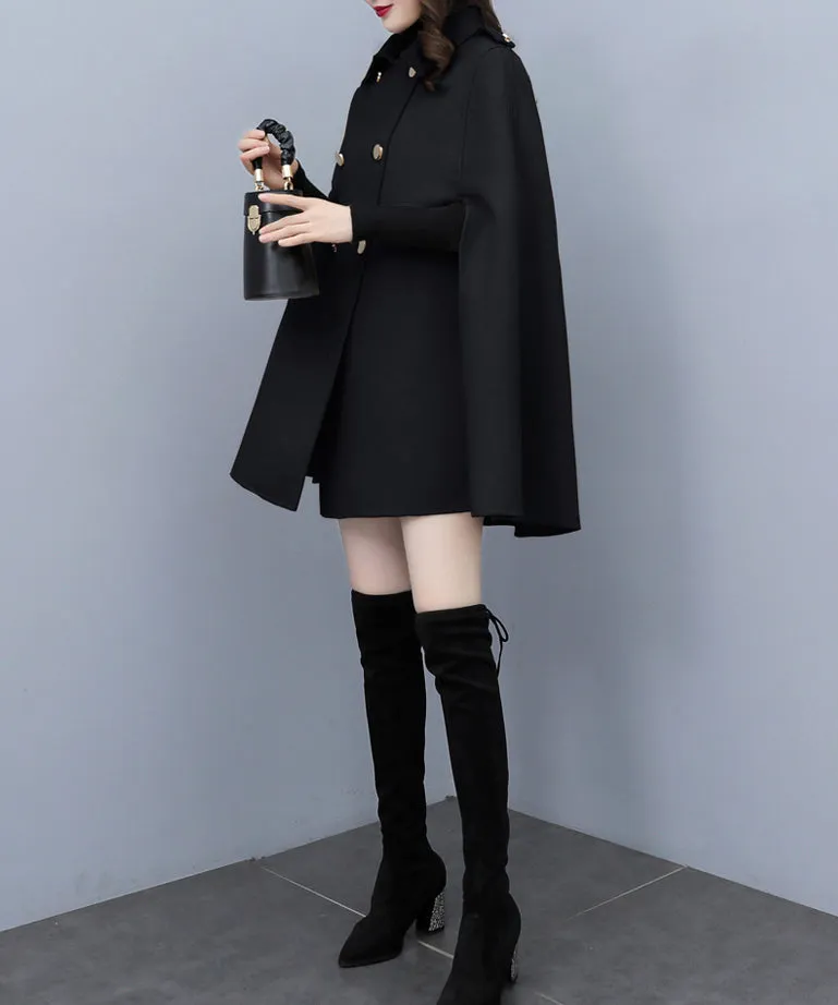 Cape coat Women, wool poncho jacket, wool cloak coat, wool shawl winter coat, double breasted buttoned coat(Y1105)