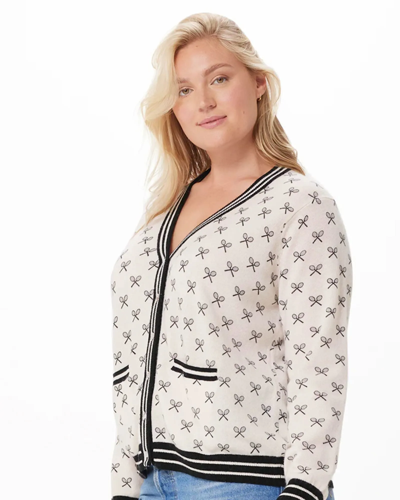 Cashmere Tennis Print Cardigan | White