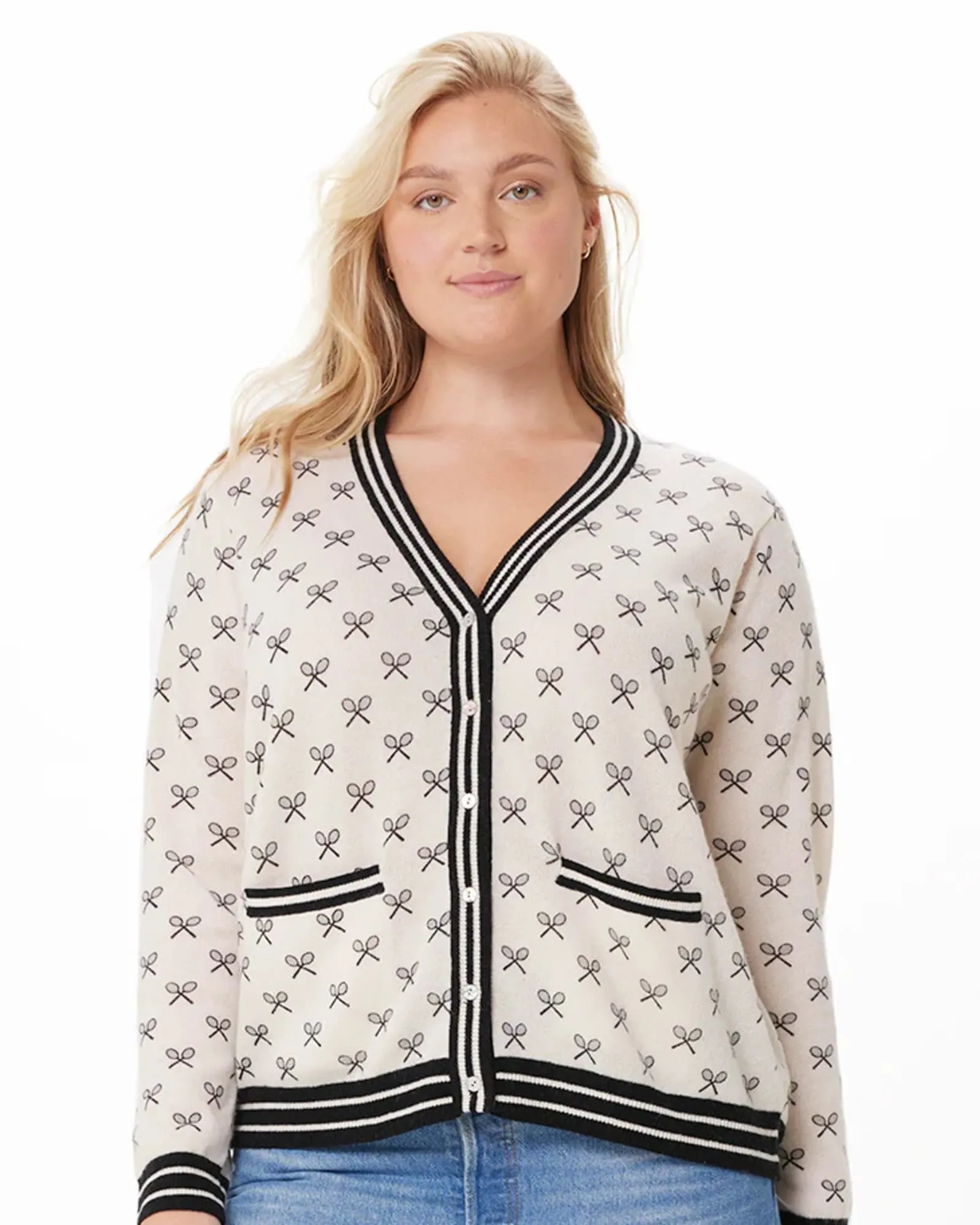 Cashmere Tennis Print Cardigan | White