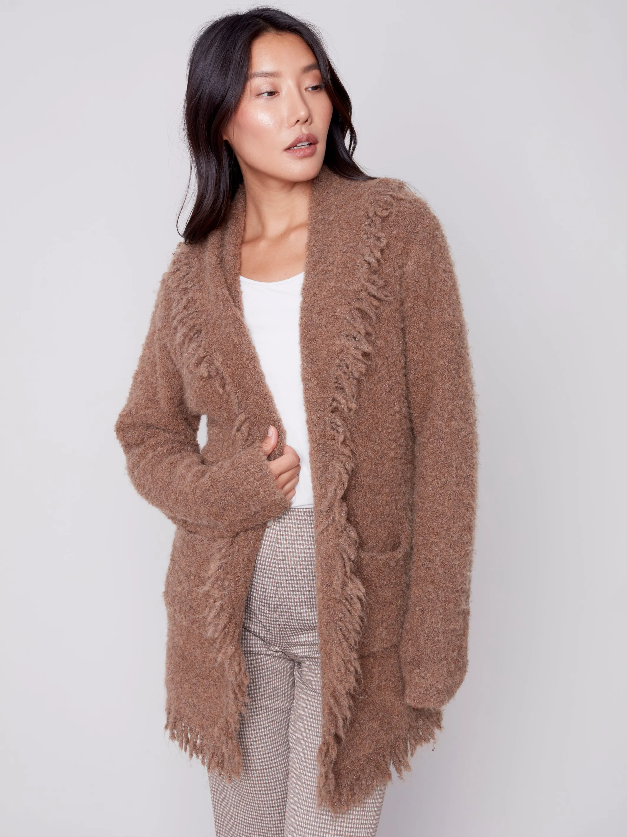 Charlie B - Boucle Cardigan With finged Shawl Neck - Truffle