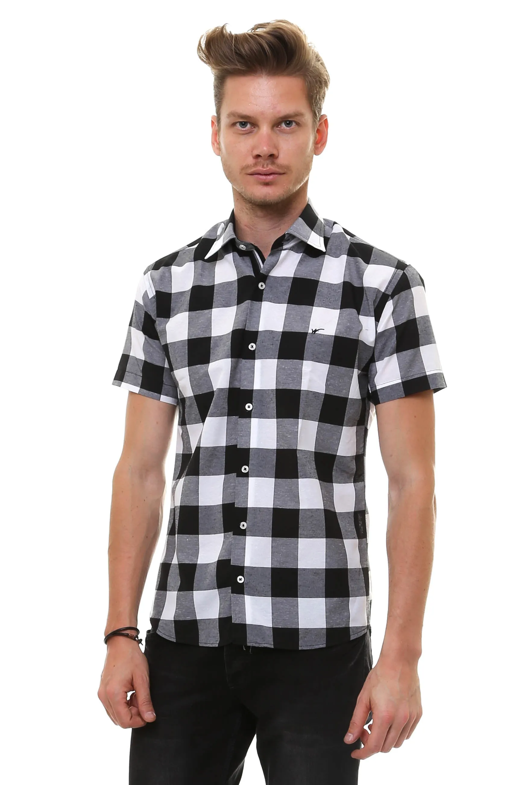 Checked Short Sleeve White-Black Men Shirt - Wessi