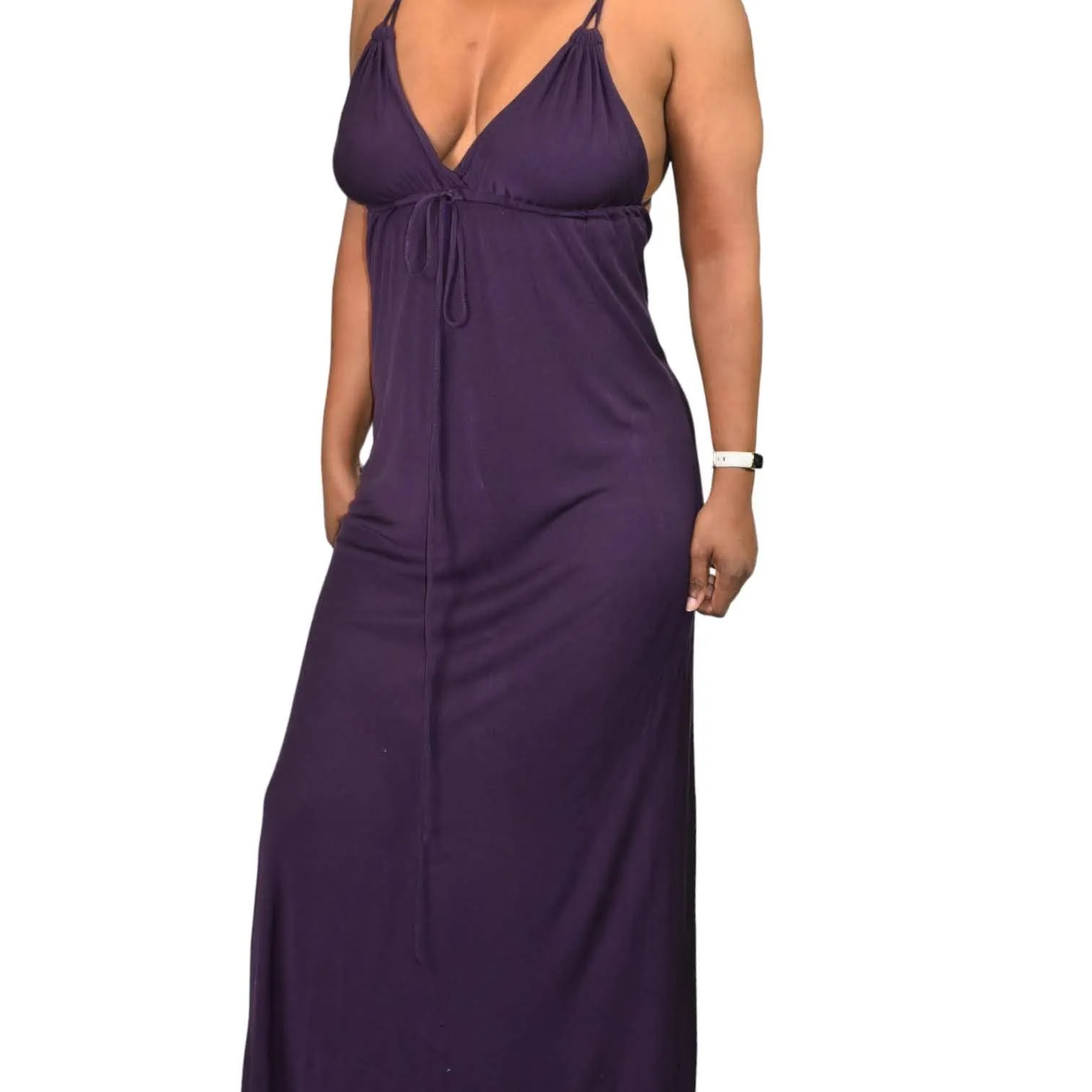 Club Monaco Maxi Slip Dress Purple ALine Halter Spaghetti Straps Jersey Plunging Stretch Size Medium