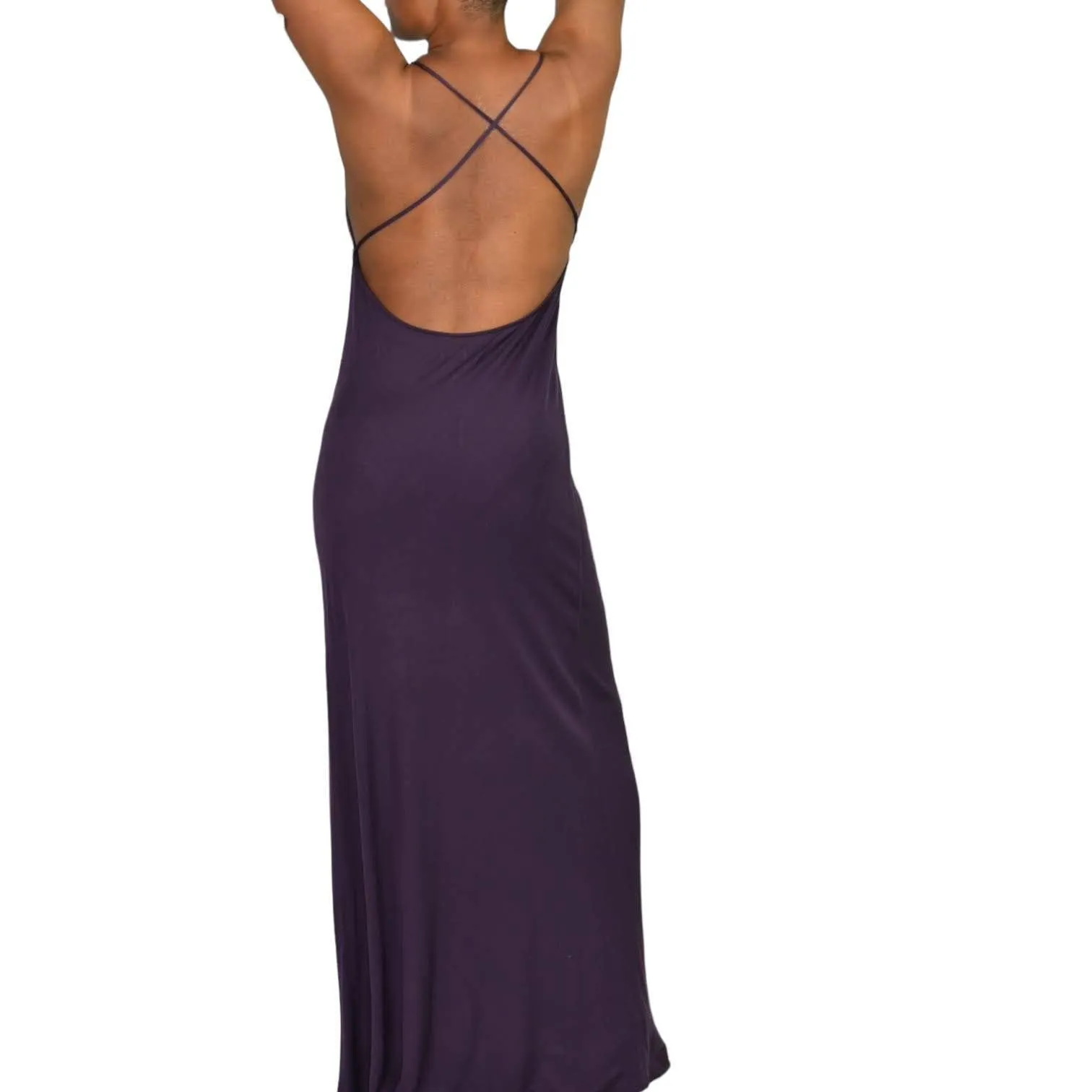 Club Monaco Maxi Slip Dress Purple ALine Halter Spaghetti Straps Jersey Plunging Stretch Size Medium