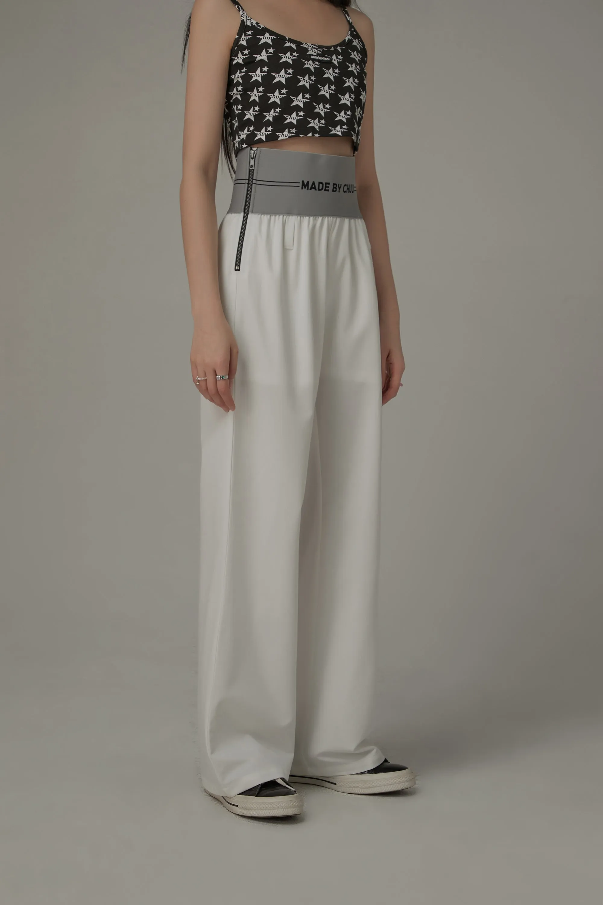 Contrast Letter High Waist Banded Wide Pants