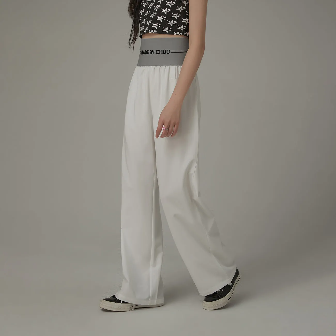 Contrast Letter High Waist Banded Wide Pants