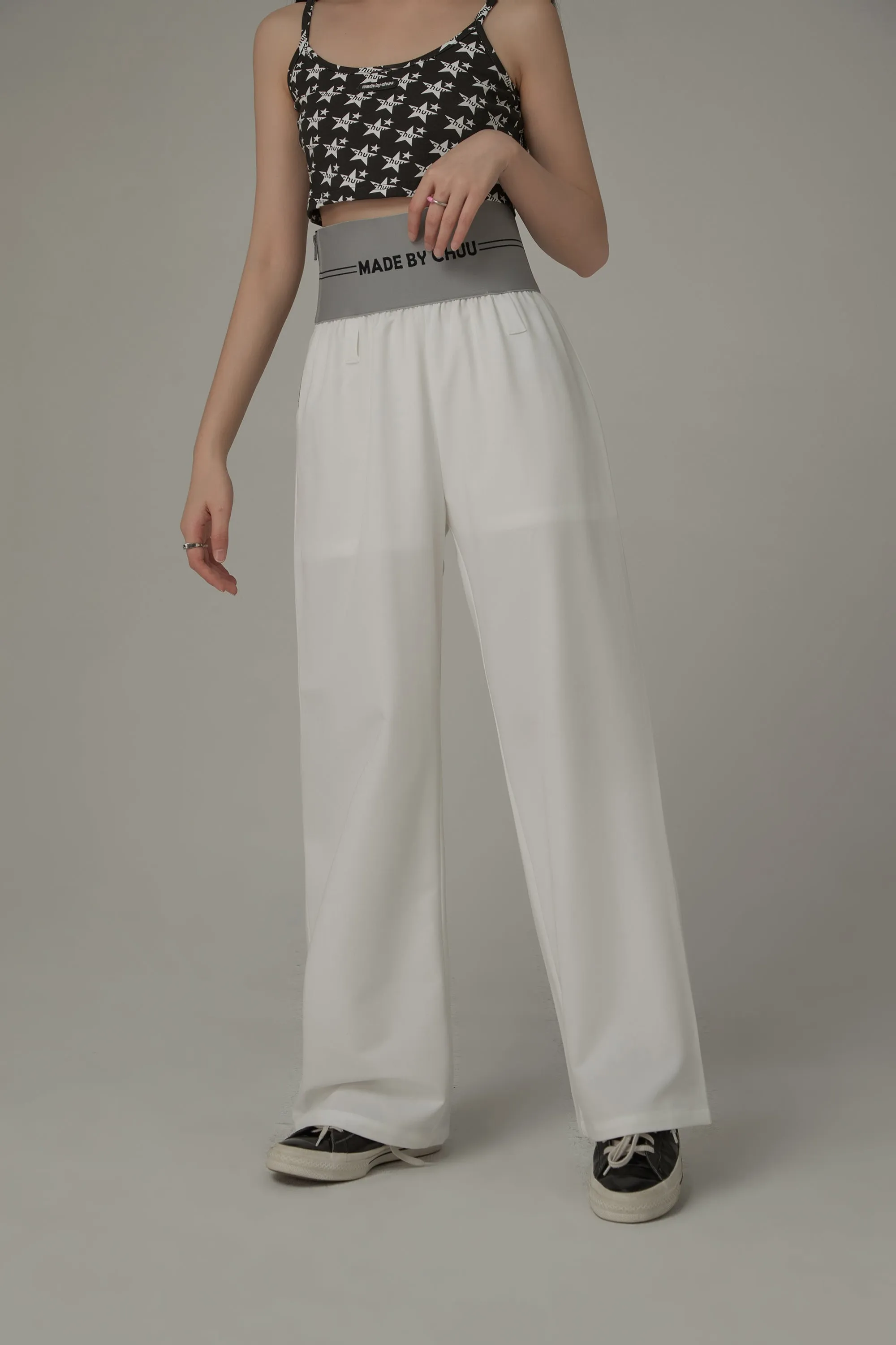 Contrast Letter High Waist Banded Wide Pants