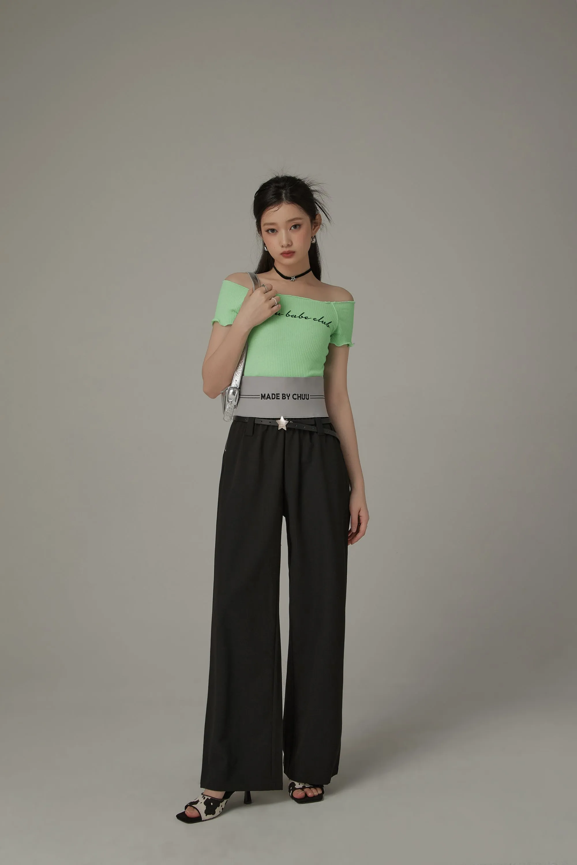 Contrast Letter High Waist Banded Wide Pants