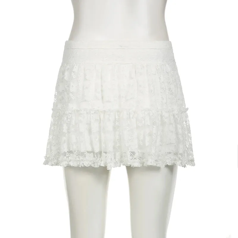 Coquette Fashion White Low Waist Lace Skirt Women Ruched Frills Hotsweet Korean Mini Skirt A-Line Folds Party Outfits