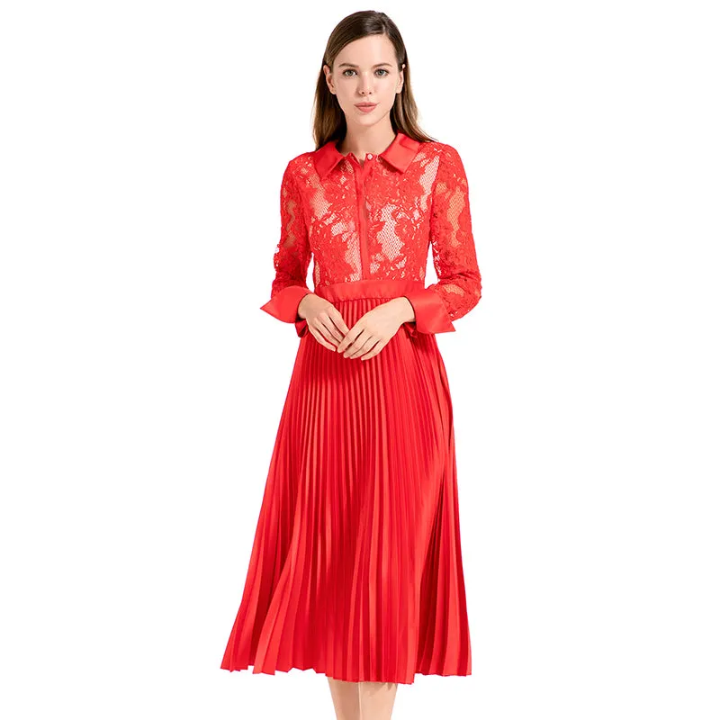 D017 Women floral lace satin combo long sleeves shirt collar pleated midi party dress