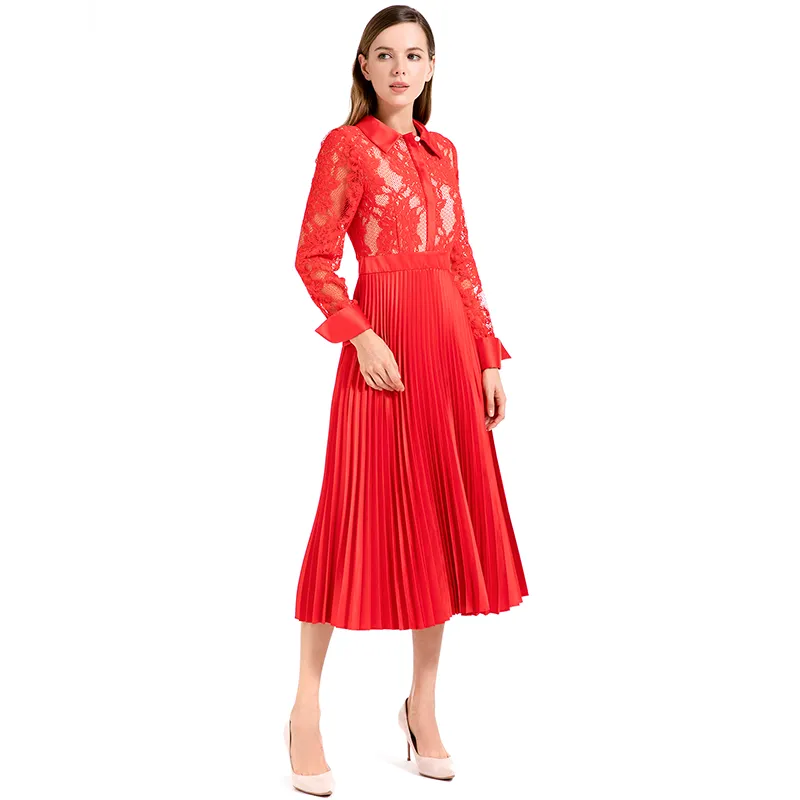 D017 Women floral lace satin combo long sleeves shirt collar pleated midi party dress