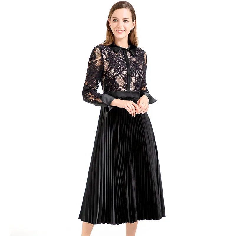 D017 Women floral lace satin combo long sleeves shirt collar pleated midi party dress